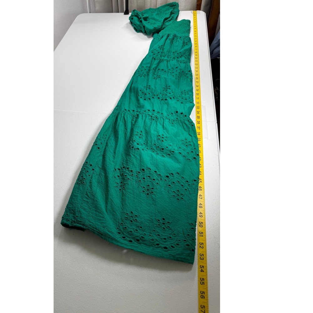Eyelet Maxi Dress Women Est Size M Green Cotton Tiered Smocked Puff Sleeve Boho - Picture 8 of 9